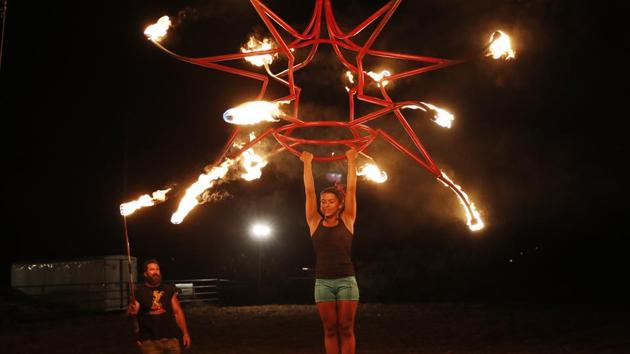 Bayleigh Solorzano practices an aerial routine for "Gladius The Show," a touring equestrian and acrobatic show, Thursday, May 28, 2020, in Las Vegas. The coronavirus forced the producers to cancel all of their performances through 2020. (AP)