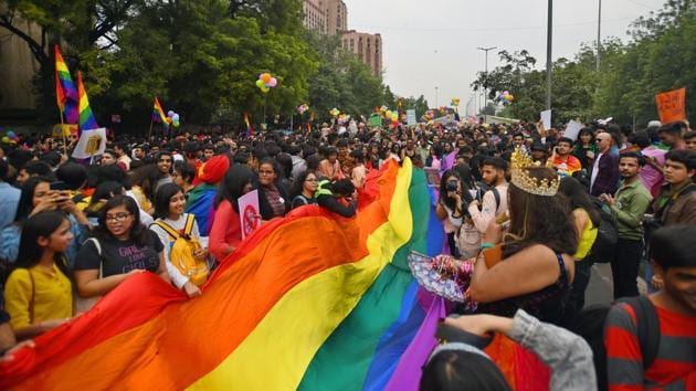 Members and allies of the lesbian, gay, bisexual, transgender (LGBT) community take part in Delhi's 12th Queer Pride March from Barakhamba Road to Jantar Mantar in New Delhi on November 24, 2019.(Amal KS/HT PHOTO)