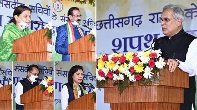Chhattisgarh chief minister Bhupesh Baghel administered the oath to 15 parliamentary secretaries on Tuesday. (Twitter/@bhupeshbaghel) Chhattisgarh chief minister Bhupesh Baghel administered the oath to 15 parliamentary secretaries on Tuesday. (Twitter/@bhupeshbaghel)