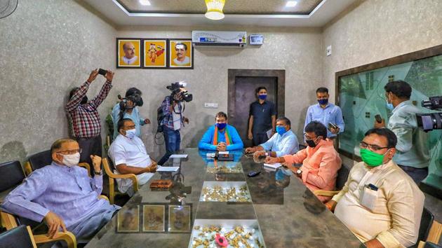 Rajasthan BJP President Satish Poonia with senior party leaders during a meeting in Jaipur on Tuesday.(PTI) Rajasthan BJP President Satish Poonia with senior party leaders during a meeting in Jaipur on Tuesday.(PTI)