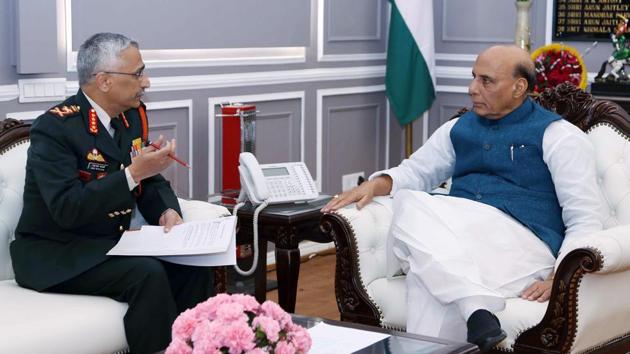 New Delhi, Jan 13 (ANI): Defence Minister Rajnath Singh with chief of the Army Staff General Manoj Mukund Naravane during a meeting in New Delhi on Monday. (ANI photo)