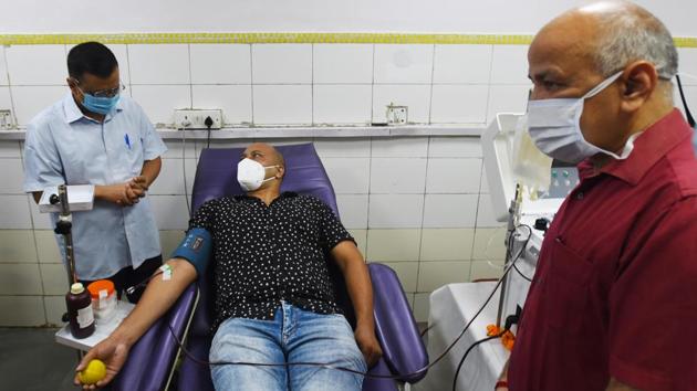 Delhi Chief Minister Arvind Kejriwal interacts with a donor during the inauguration of the plasma bank at LNJP hospital on July 14. According to state health department figures, Delhi’s Covid-19 recovery rate stands at over 80 percent, reported PTI. (Raj K Raj / HT Photo) Delhi Chief Minister Arvind Kejriwal interacts with a donor during the inauguration of the plasma bank at LNJP hospital on July 14. According to state health department figures, Delhi’s Covid-19 recovery rate stands at over 80 percent, reported PTI. (Raj K Raj / HT Photo)