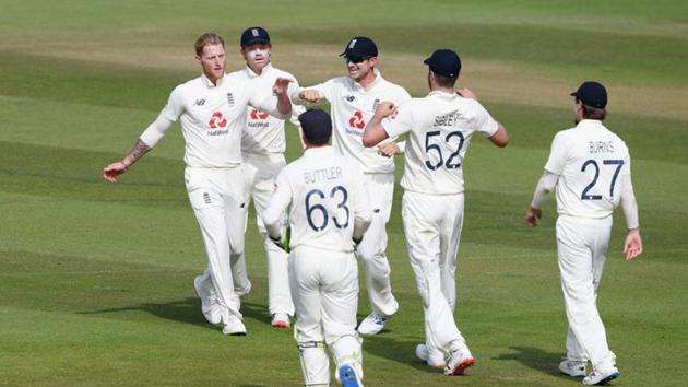England's Ben Stokes celebrates taking the wicket of West Indies' Shane Dowrich. (REUTERS) England's Ben Stokes celebrates taking the wicket of West Indies' Shane Dowrich. (REUTERS)