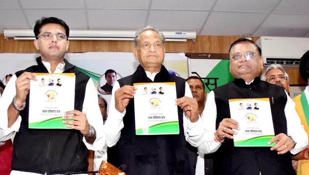 CM Ashok Gehlot with Sachin Pilot and AICC General Secretary and incharge Rajasthan Avinash Pande at Congress election manifesto release in on November 29, 2018. (Prabhakar Sharma/HT File Photo) CM Ashok Gehlot with Sachin Pilot and AICC General Secretary and incharge Rajasthan Avinash Pande at Congress election manifesto release in on November 29, 2018. (Prabhakar Sharma/HT File Photo)