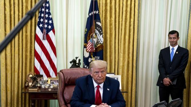 US President Donald Trump pauses during a meeting in the Oval Office of the White House in Washington, DC. (Bloomberg) US President Donald Trump pauses during a meeting in the Oval Office of the White House in Washington, DC. (Bloomberg)