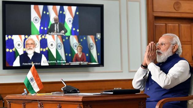 Prime Minister Narendra Modi attends the India-EU Virtual Summit 2020, in New Delhi on Wednesday.(ANI)