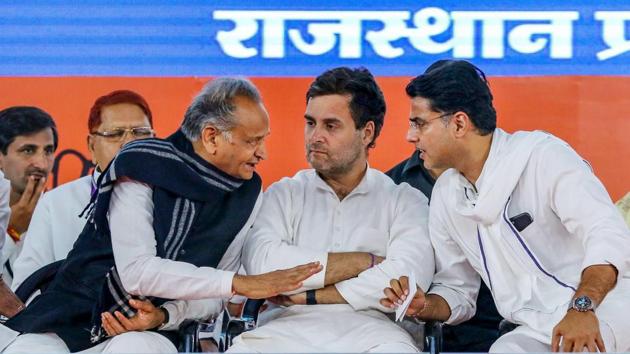 File photo the rebel Congress leader Sachin Pilot (R) is seen with the then Congress President Rahul Gandhi and Rajasthan Chief Minister Ashok Gehlot during a party function in Jaipur on March 26, 2019.(PTI File Photo)