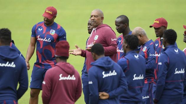 West Indies coach Phil Simmons, centre, speaks to his team members during a nets session at the Ageas Bowl in Southampton.(AP)