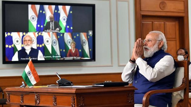 Prime Minister Narendra Modi attending the India-EU Virtual Summit 2020 in New Delhi on Wednesday. (PTI Photo) Prime Minister Narendra Modi attending the India-EU Virtual Summit 2020 in New Delhi on Wednesday. (PTI Photo)