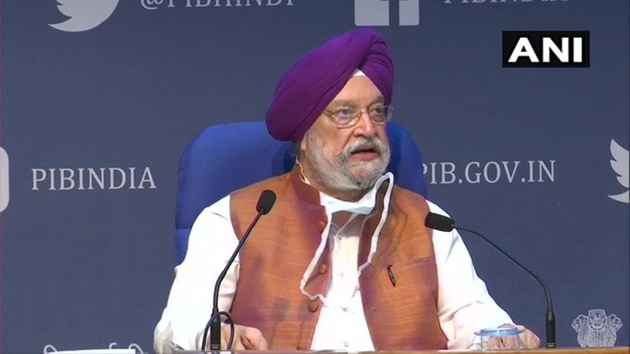 Civil Aviation Minister Hardeep Singh Puri at a press conference in New Delhi on Thursday.(ANI)