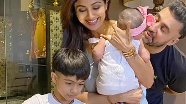 Shilpa Shetty with her husband and two kids.