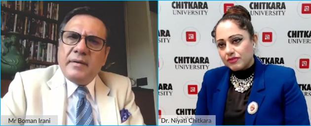 Chitkara International School principal Niyati Chitkara in conversation with actor Boman Irani. Irani, who wears many hats as a theatre and film actor, voice artist, photographer and teacher, took an online masterclass titled ‘Learner’s perspective: a narrative by an artist extraordinaire.’(HT Photo)