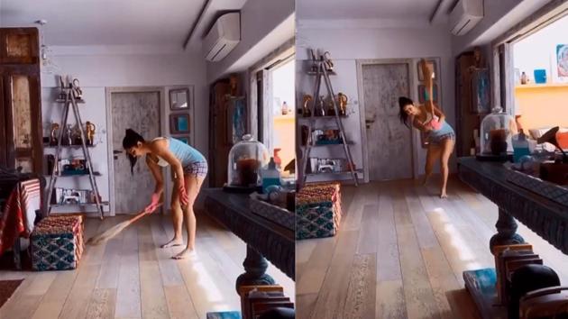 Katrina Kaif was captured by her sister while sweeping the floor at her Mumbai home. She even decided to make it more fun by showing her cricketing skills in between.