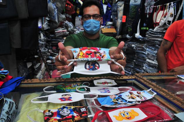 Designer masks on display at a shop in Sadar bazaar in Sector 19, Chandigarh. (Ravi Kumar/HT) Designer masks on display at a shop in Sadar bazaar in Sector 19, Chandigarh. (Ravi Kumar/HT)