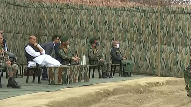 Defence Minister Rajnath Singh at Leh’s Stakna.(ANI)