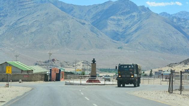An army truck moves towards LAC, amid India-China border dispute in eastern Ladakh in Leh on Sunday.(PTI Photo)
