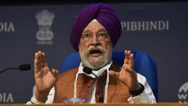 Civil aviation minister Hardeep Singh Puri during a press conference at National Media Centre in New Delhi on Thursday. (Sanjeev Verma/HT PHOTO) Civil aviation minister Hardeep Singh Puri during a press conference at National Media Centre in New Delhi on Thursday. (Sanjeev Verma/HT PHOTO)