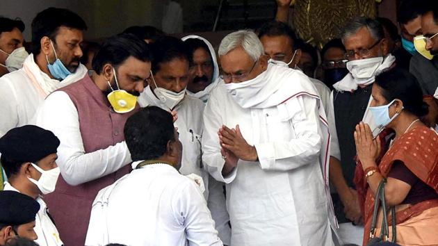 Bihar chief minister Nitish Kumar with NDA candidates Ghulam Gaus, Bhishma Sahni, Kumud Verma, Sanjay Mayukh, Samrat Chaudhary after Filing nomination for Legislative Council Polls, at Bihar Vidhan Sabha in Patna on Thursday. (ANI Photo)(ANI) Bihar chief minister Nitish Kumar with NDA candidates Ghulam Gaus, Bhishma Sahni, Kumud Verma, Sanjay Mayukh, Samrat Chaudhary after Filing nomination for Legislative Council Polls, at Bihar Vidhan Sabha in Patna on Thursday. (ANI Photo)(ANI)