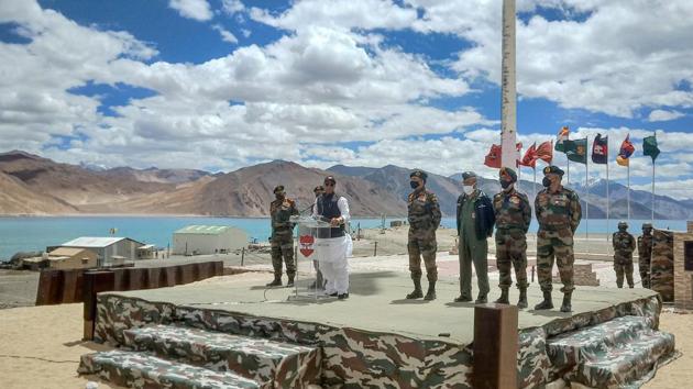 Defence Minister Rajnath Singh addresses Indian Army soldiers, at Lukung post in Ladakh.(PTI)