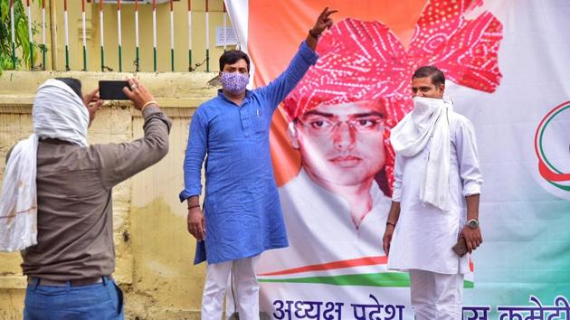 A poster of Rajasthan Congress President Sachin Pilot, put up by workers following its removal, in Jaipur.(PTI)