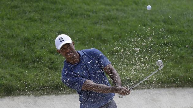Tiger Woods hits from a bunker toward the fourth hole during the second round of the Memorial golf tournament.(AP) Tiger Woods hits from a bunker toward the fourth hole during the second round of the Memorial golf tournament.(AP)