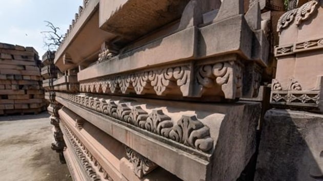 Carved stone at Ram Janmabhoomi Nyas Karyashala in Ayodhya(PTI)