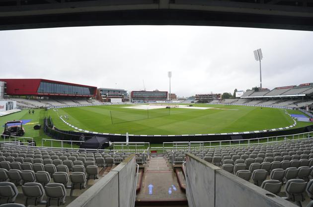 The pitch area is seen covered as rain delayed start of the first day of the second cricket Test match between England and West Indies at Old Trafford in Manchester, England, Thursday, July 16, 2020. (AP Photo/Jon Super, Pool) (AP) The pitch area is seen covered as rain delayed start of the first day of the second cricket Test match between England and West Indies at Old Trafford in Manchester, England, Thursday, July 16, 2020. (AP Photo/Jon Super, Pool) (AP)