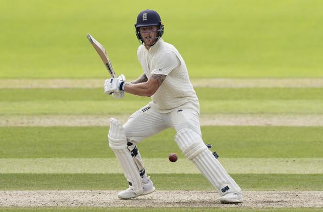 England's Ben Stokes plays a shot during the second day of the second cricket Test match between England and West Indies at Old Trafford in Manchester, England, Friday, July 17, 2020. (AP Photo/Jon Super, Pool) (AP)
