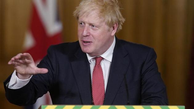 IBritain's Prime Minister Boris Johnson speaks during a media briefing on coronavirus in Downing Street, London.(AP Photo)