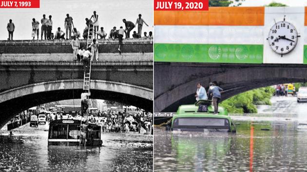 Minto Bridge, built in 1933 as per RV Smith, has been a perennial flood-prone spot in the national capital, with reports of inundation every few years.(SN Sinha/HT archive & Arvind Yadav/HT photo)