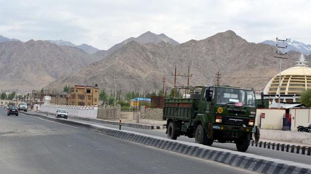 An army vehicle moving in Leh on Friday.(ANI file photo)