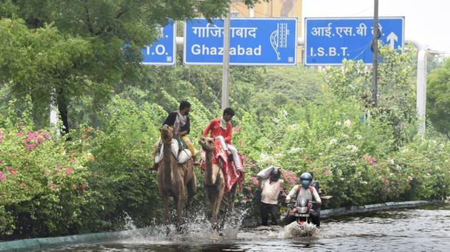 A couple of camels seen along the water logged Ring Road after an early morning heavy rain spell, in New Delhi. (Sonu Mehta/HT PHOTO) A couple of camels seen along the water logged Ring Road after an early morning heavy rain spell, in New Delhi. (Sonu Mehta/HT PHOTO)