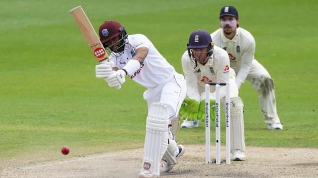 West Indies' Shai Hope in action, as play resumes behind closed doors following the outbreak of the coronavirus disease (COVID-19). (REUTERS)