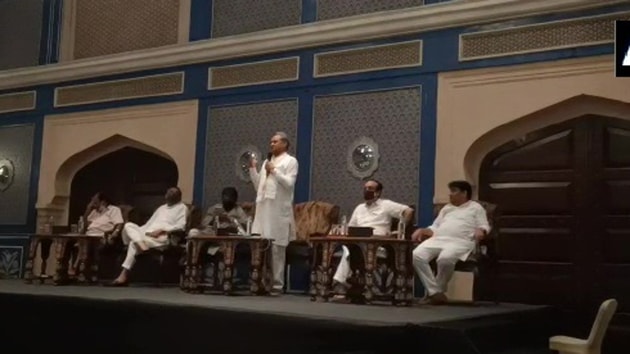 Rajasthan Chief Minister Ashok Gehlot along with other party leaders at Congress Legislative Party (CLP) meeting at Fairmont Hotel in Jaipur, July 21, 2020.(ANI)