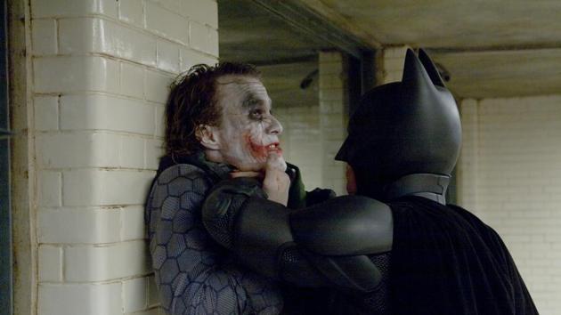 Heath Ledger and Christian Bale in a still from The Dark Knight.