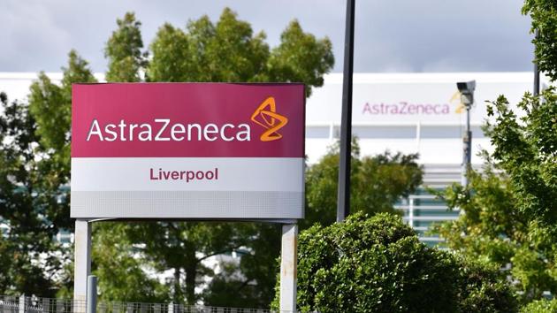 A sign is pictured outside the AstraZeneca factory in Liverpool north west England.(AFP)