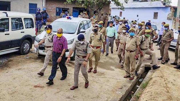 A Special Investigation Team visits the Bikru village, where eight policemen were killed by gangster Vikas Dubey on July 3, for investigation into the case, in Kanpur on July 12, 2020.(PTI File Photo)
