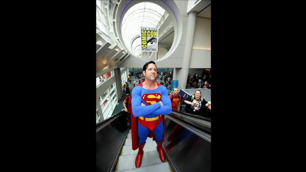 A man dressed as Superman on day one of Comic-Con International held at the San Diego Convention Centre on July 12, 2012. (Denis Poroy/Invision/AP)