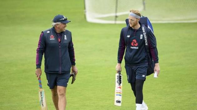 England cricket team captain Ben Stokes, right, speaks with coach Chris Silverwood during a nets session(AP)