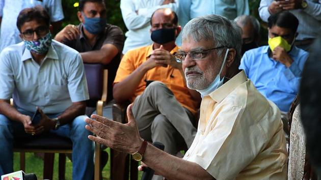 File photo: Rajasthan Assembly Speaker Dr CP Joshi interacts with media persons during a press conference at his residence in Jaipur.(Himanshu Vyas/ Hindustan Times)