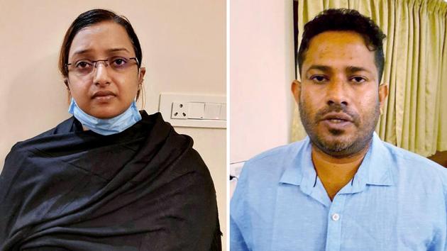 Kerala gold smuggling case accused Swapna Suresh (L) and Sandeep Nair (R) detained by National Investigation Agency from Bengaluru.(ANI)