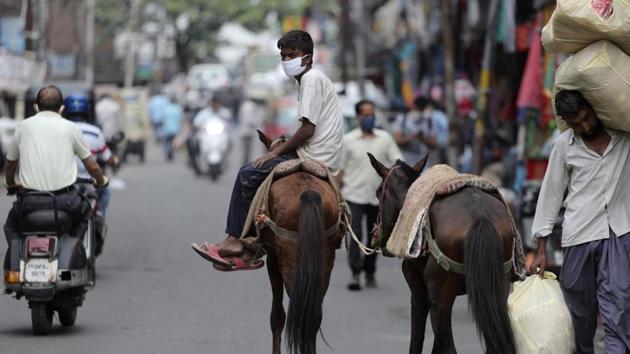 An Indian worker wearing face mask as a precaution against the coronavirus rides a horse in Jammu, India.(AP) An Indian worker wearing face mask as a precaution against the coronavirus rides a horse in Jammu, India.(AP)