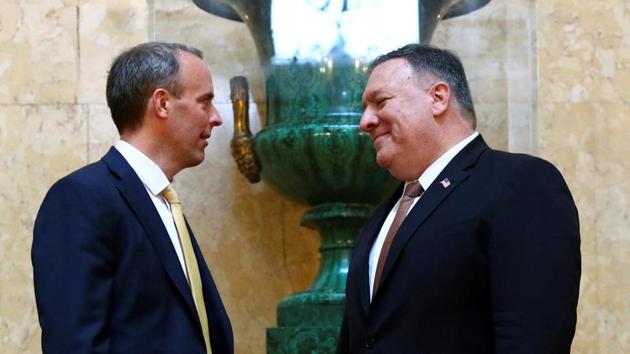US secretary of state Mike Pompeo and Britain's foreign secretary Dominic Raab speak at Lancaster House in London, Britain on July 21, 2020.(Reuters Photo)