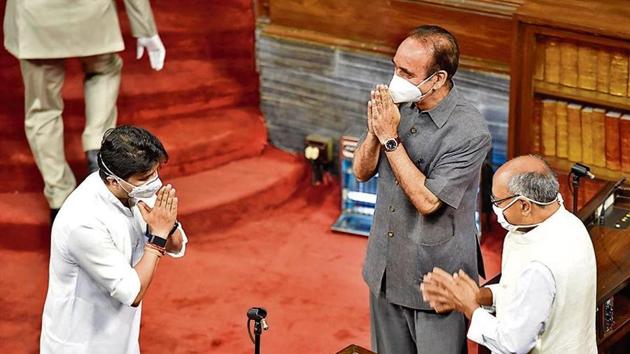 BJP MP Scindia greets his former colleagues in Rajya Sabha. (A Yadav/HT Photos) BJP MP Scindia greets his former colleagues in Rajya Sabha. (A Yadav/HT Photos)