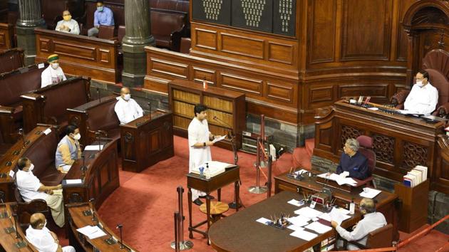 Jyotiraditya Scindia takes oath as a Member of Rajya Sabha from the Bharatiya Janata Party (BJP) at Parliament House in New Delhi on July 22. Eighteen BJP members were among those who took oath. The BJP’s strength in the House has gone up from 75 to 85 even though it is still short of a majority in Rajya Sabha. (Arvind Yadav / HT Photo)