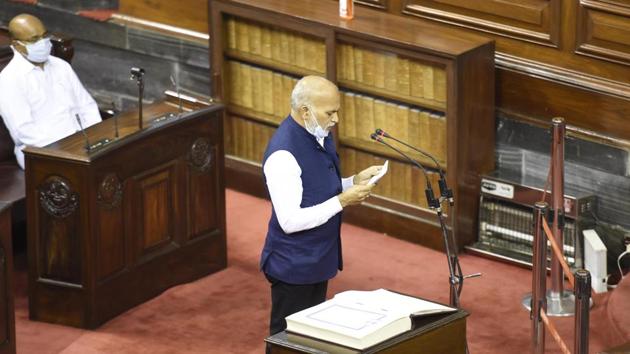 YSR Congress Party leader Ayodhya Rami Reddy Alla takes oath as a member of Rajya Sabha on July 22. Precautions against the coronavirus were ubiquitous through the ceremony with lawmakers armed with masks and observant of social distancing. (Arvind Yadav / HT Photo)