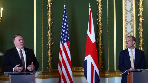 US Secretary of State Mike Pompeo speaks during the meeting with British Foreign Secretary Dominic Raab, at Lancaster House in London, Britain. (REUTERS) US Secretary of State Mike Pompeo speaks during the meeting with British Foreign Secretary Dominic Raab, at Lancaster House in London, Britain. (REUTERS)