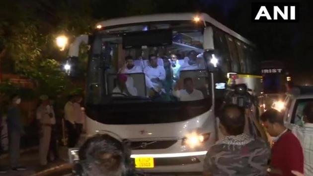 Congress MLAs, supporting CM Ashok Gehlot, leave from Raj Bhawan where they had been protesting over the issue of the convening of an assembly session.(ANI PHOTO.) Congress MLAs, supporting CM Ashok Gehlot, leave from Raj Bhawan where they had been protesting over the issue of the convening of an assembly session.(ANI PHOTO.)