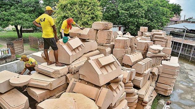 Preparations underway for Ram Mandir’s Bhoomi Pujan in Ayodhya. (PTI) Preparations underway for Ram Mandir’s Bhoomi Pujan in Ayodhya. (PTI)