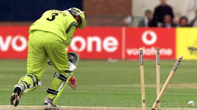 Pakistan’s Saleem Malik is clean bowled.(Getty Images)